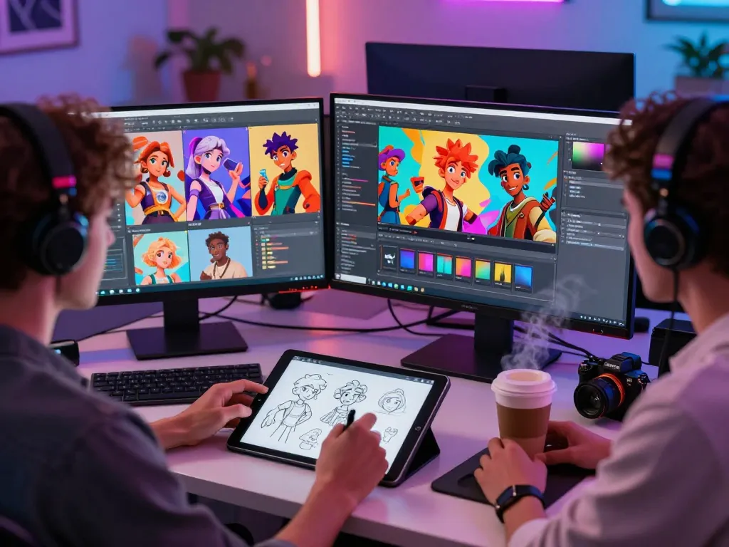 Engaging workspace with Crushon AI character creation on screen and artist at work.