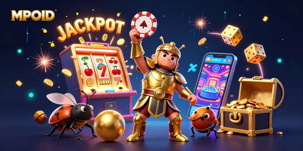 MPOID champions a 3D victory scene with cartoon beetles celebrating a jackpot at a vibrant casino.