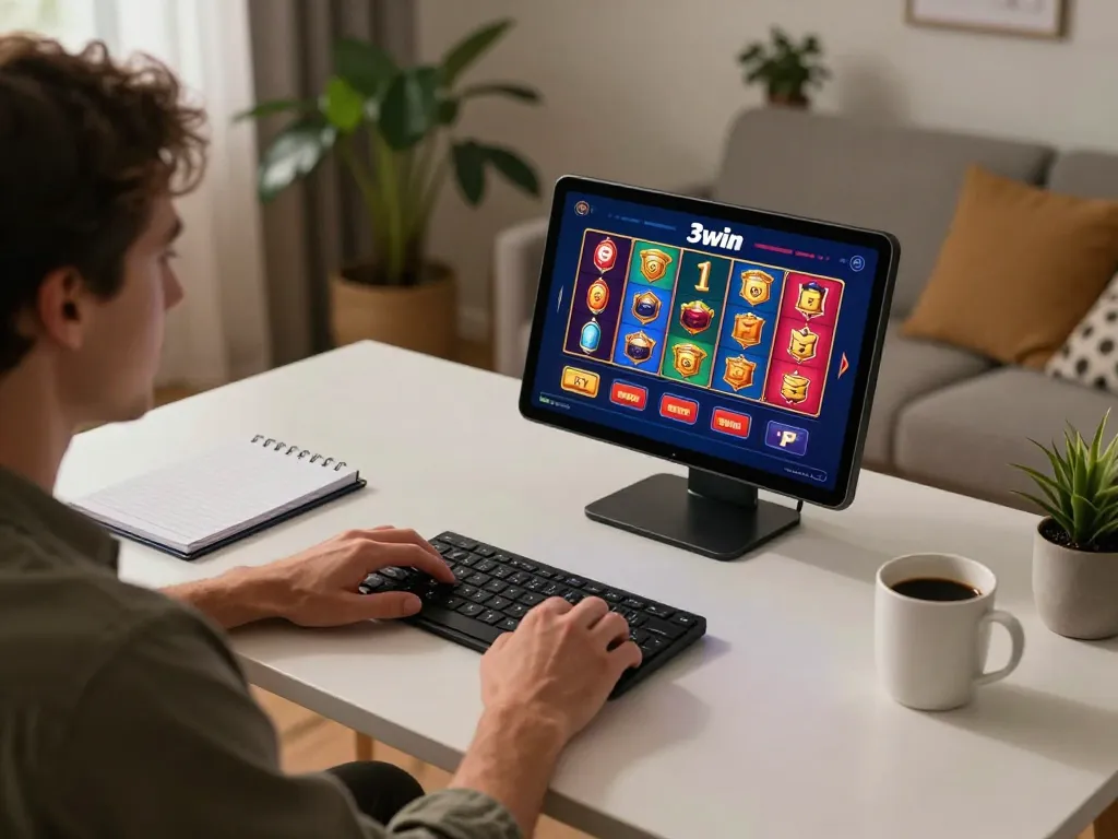 Player engages with the 3win casino app on tablet, highlighting responsible online gaming.