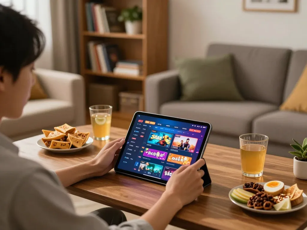 Engaging in situs slot gacor gameplay on a cozy home setup with bright tablet display.