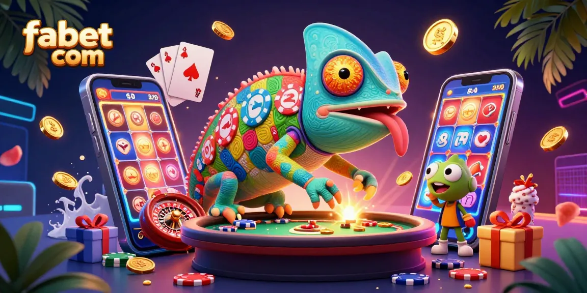 Experience the excitement of fabet com with a vibrant 3D casino illustration featuring a chameleon owner and dynamic gaming elements.
