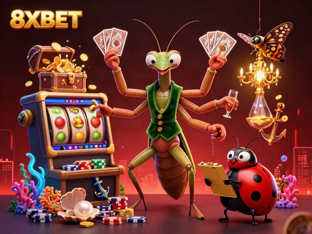 8XBET showcases a vibrant 3D cartoon illustration featuring animated gambling elements, highlighting slots and jackpots.