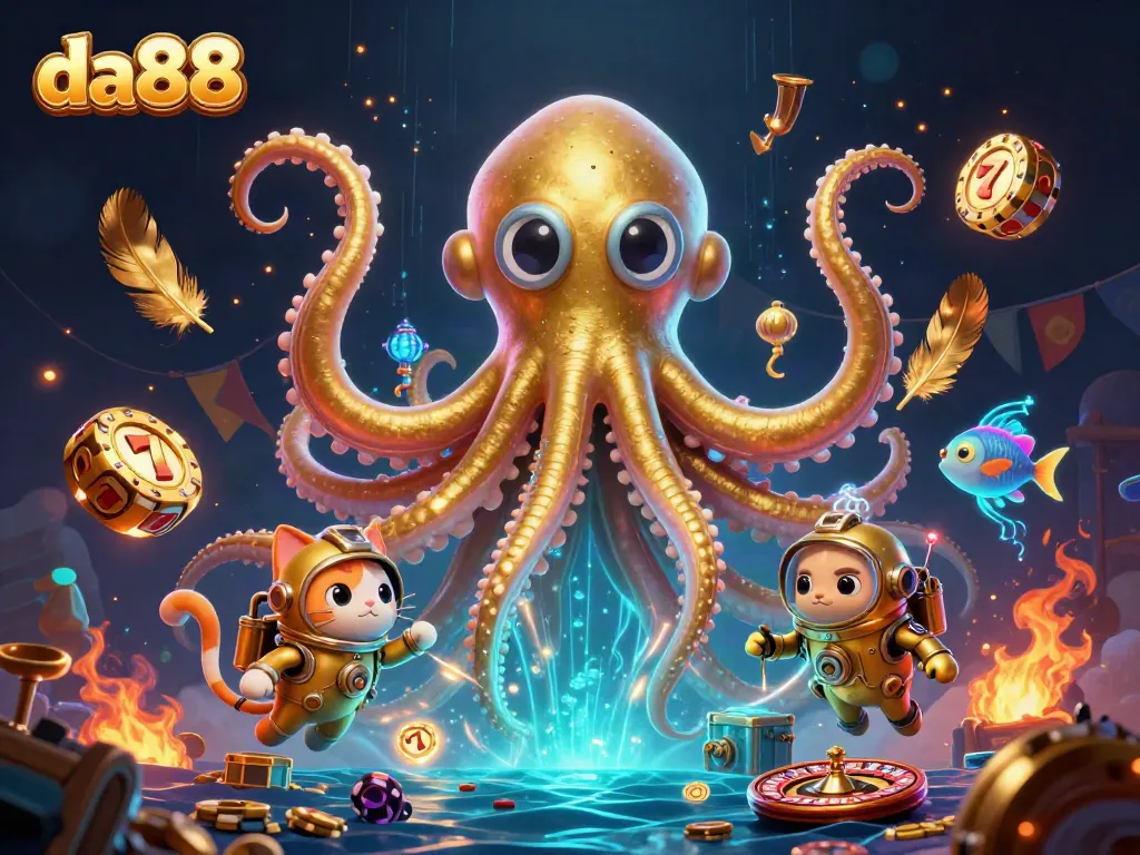 Engage with da88 by exploring a vibrant scene featuring a colossal kraken, diving cat, and deep-sea fish amidst thrilling casino elements.
