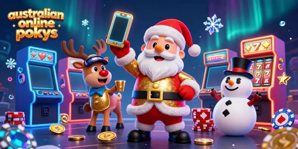 Spin and win with australian online pokies in a festive casino world featuring Santa and friends.