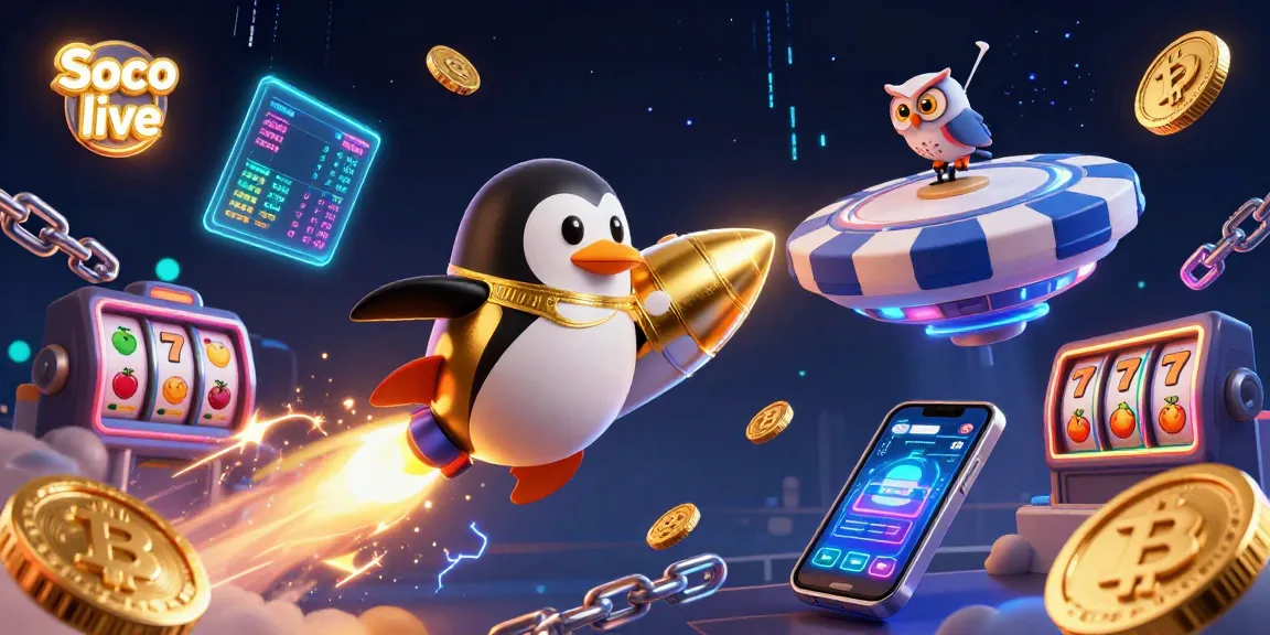 Soco live showcases an exciting casino adventure with a golden penguin and colorful crypto elements.
