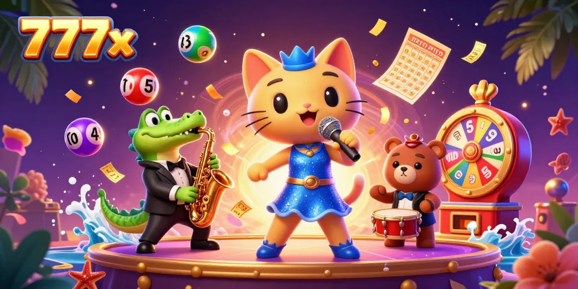 Engage with 777x in this vibrant 3D casino scene, featuring characters and dynamic game elements.