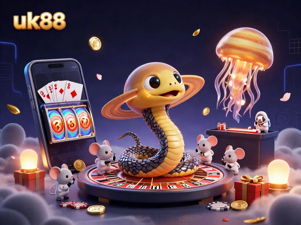Place your bets with uk88 in an ultra-detailed cosmic casino scene featuring astronauts and a snake roulette wheel.