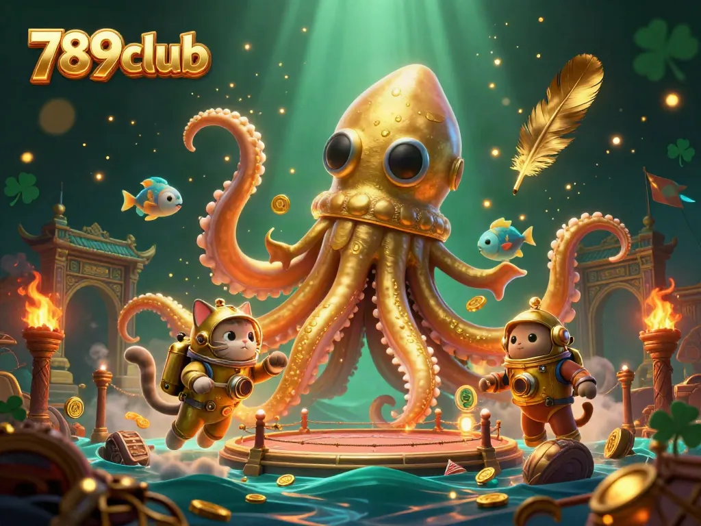 Experience thrilling gameplay at 789club with a dynamic scene featuring a colossal kraken and treasure-filled ocean.