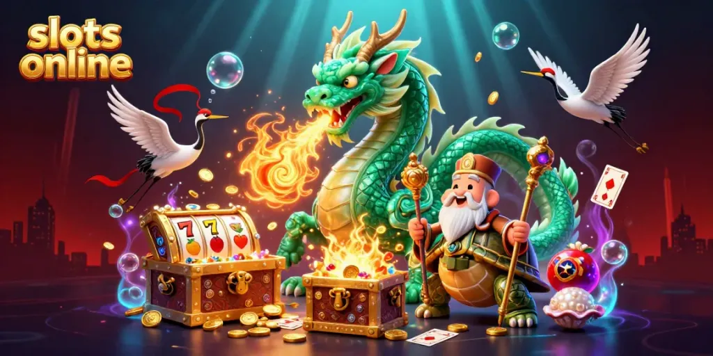 Engage with captivating slots online experience featuring a jade dragon, turtle sage, and floating slot reels.