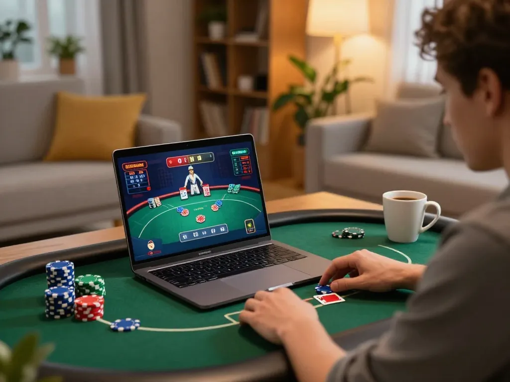 Player actively engaging in a poker game on F8bet from a cozy home environment, showcasing strategic gameplay.