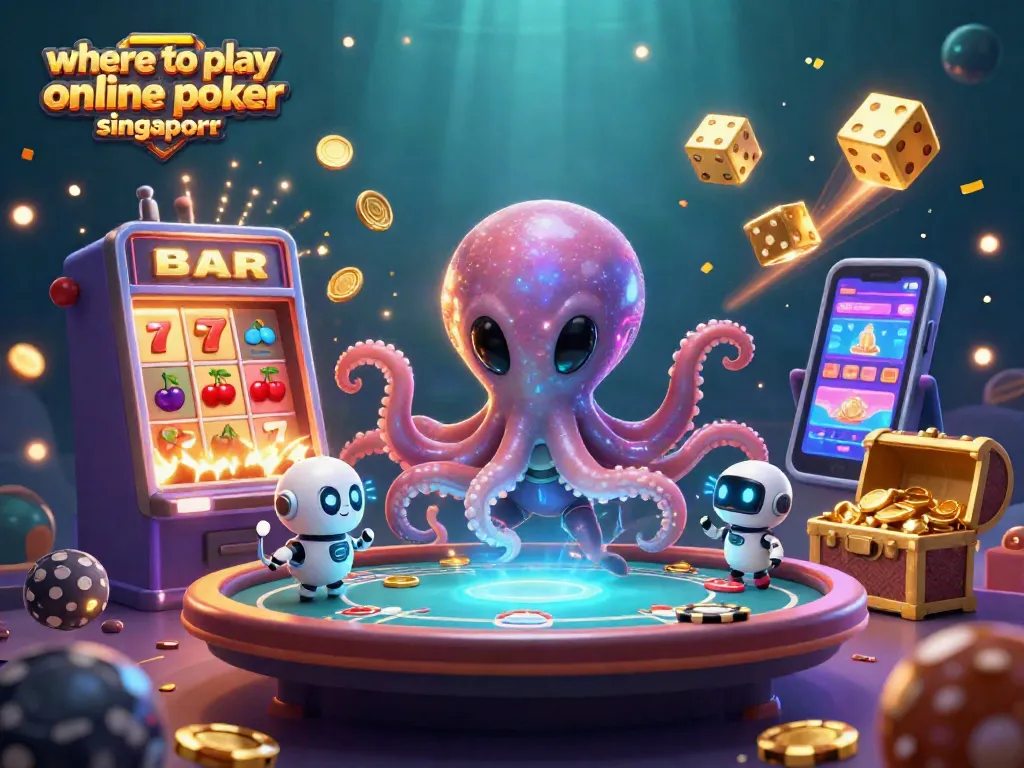 Experience the excitement of where to play online poker singapore with a vibrant 3D illustration of an alien octopus at a holographic poker table.