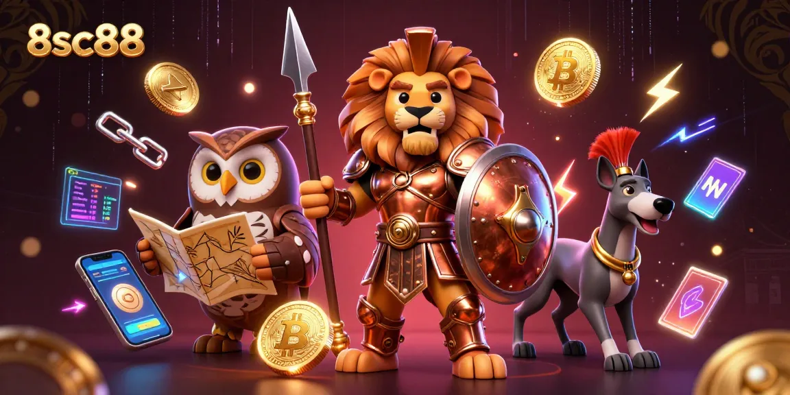 Engage with 8sc88's vibrant casino experience featuring heroic characters amidst cryptocurrency and gaming elements.