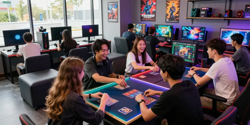 Hitclub gaming lounge with players enjoying interactive games and vibrant lighting.