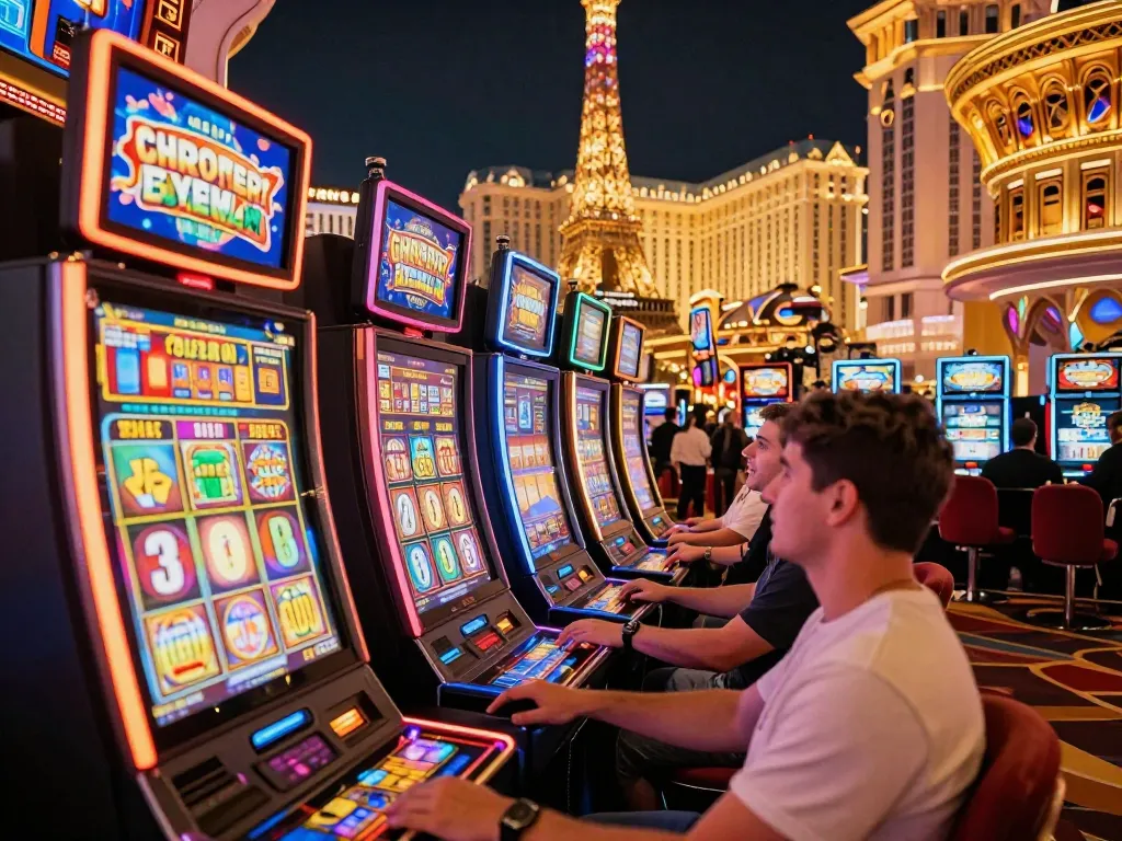 Pemain yang terlibat menikmati mesin slot di Paris Las Vegas, menangkap kegembiraan memenangkan besar dengan slot paris