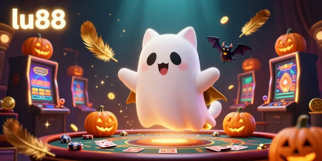 Engage with thrilling casino adventures at lu88 as a friendly ghost cat and bat explore the vibrant gaming floor.