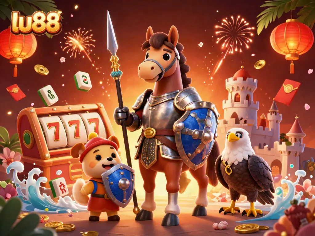 Experience the thrill of lu88 with a vibrant online casino illustration featuring knights and dynamic gaming elements.