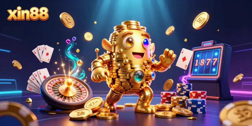 Experience the thrilling gaming atmosphere of xin88 with a golden golem, coins, and poker chips illuminating the scene.