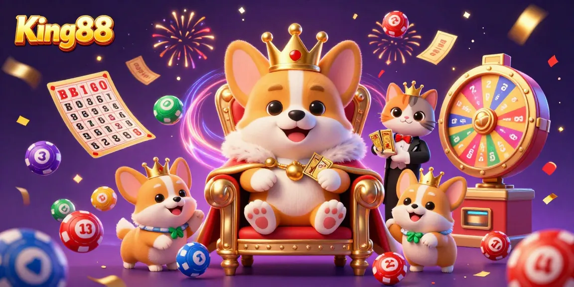 Experience thrilling wins at King88 with vibrant lottery elements and energetic corgis in this 3D casino illustration.