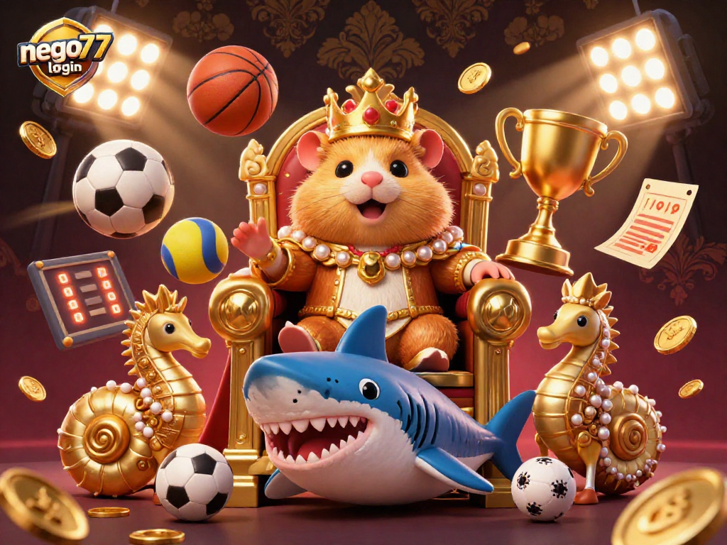 Experience the thrilling world of gambling with nego77 login amidst a golden hamster king and dynamic sports elements!