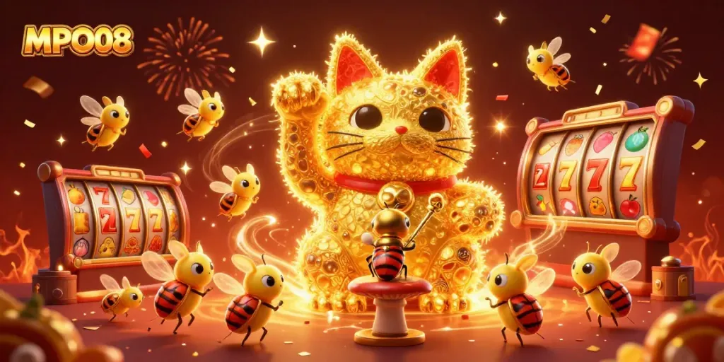 Experience the vibrant MPO08 slot games with a dynamic golden cat and festive symbols.