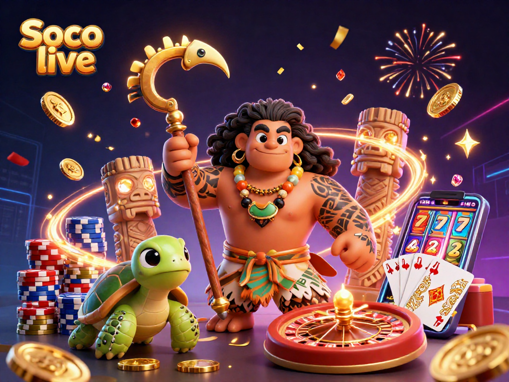 Soco live brings gaming excitement to life with a vibrant 3D illustration of casino fortune and adventure.