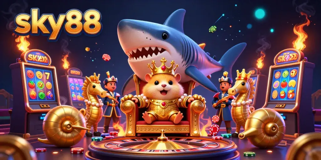 Experience the thrilling games at sky88, featuring vibrant slot machines and a unique hamster king illustration.