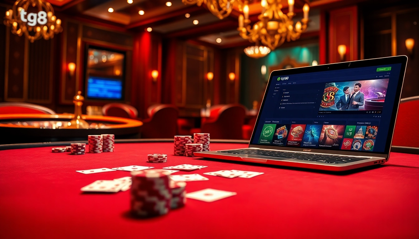 Experience the excitement of gambling at trang chỉ tg88 with poker chips and cards on a lavish casino table.