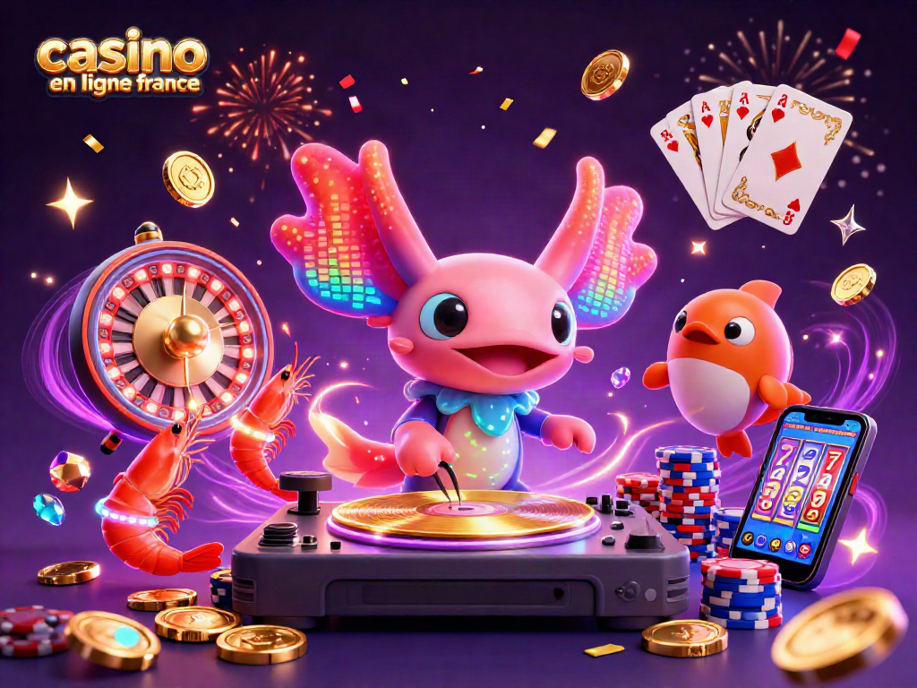 Profitez de l'excitation des jeux au casino en ligne France avec DJ axolotl et des créatures marines dans une scène dynamique.