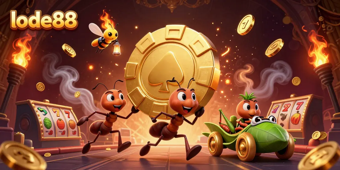 Lode88's heist scene features cartoon ants and casino elements in a vibrant, thrilling illustration.