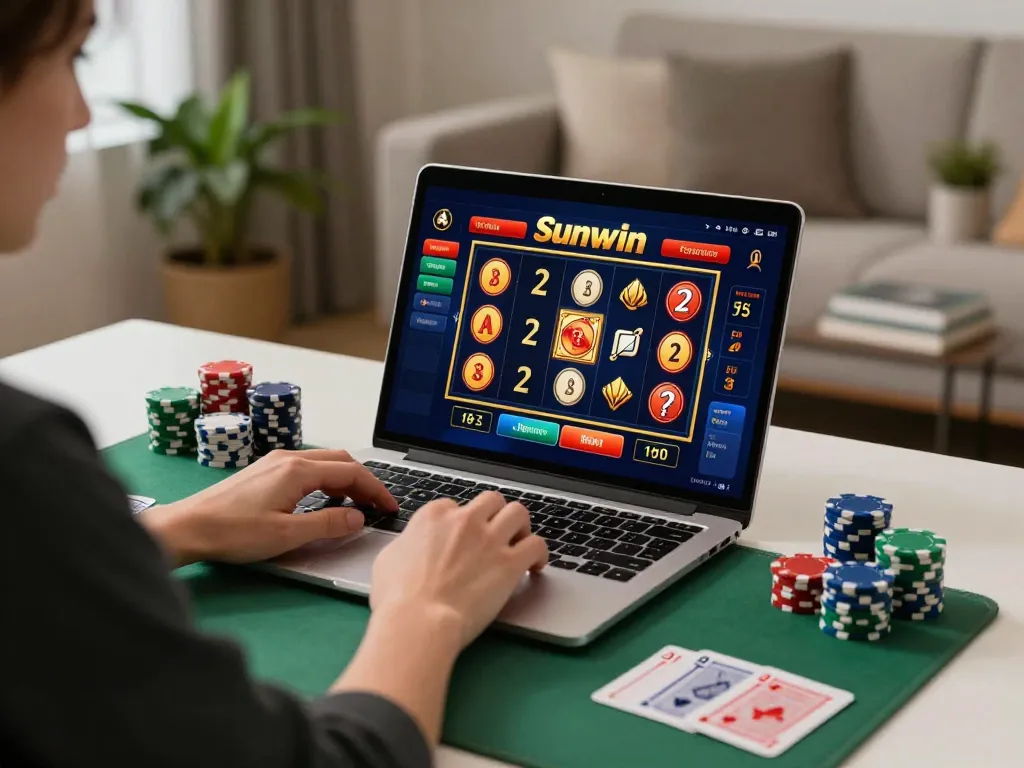 Engaging with Sunwin’s online casino games on a laptop at a stylish home gaming setup.