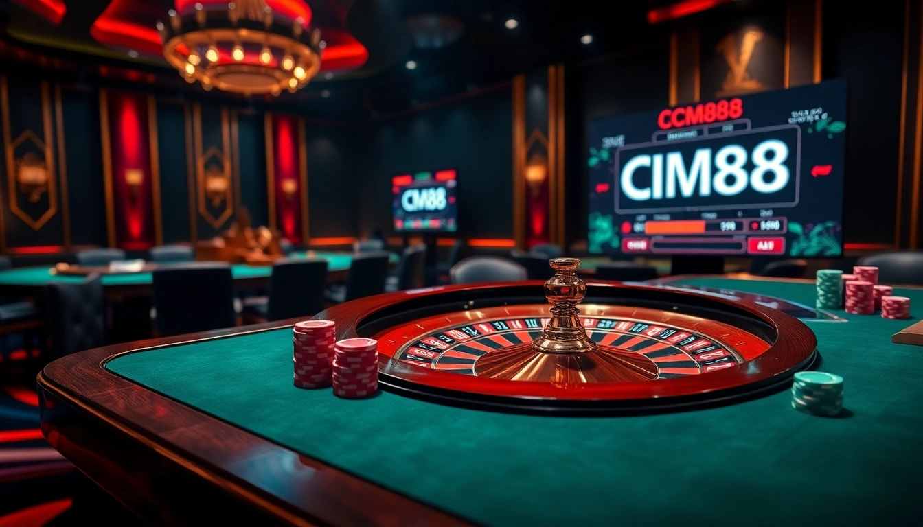 Engaging poker gameplay at CM88 casino, showcasing chips and a roulette wheel.