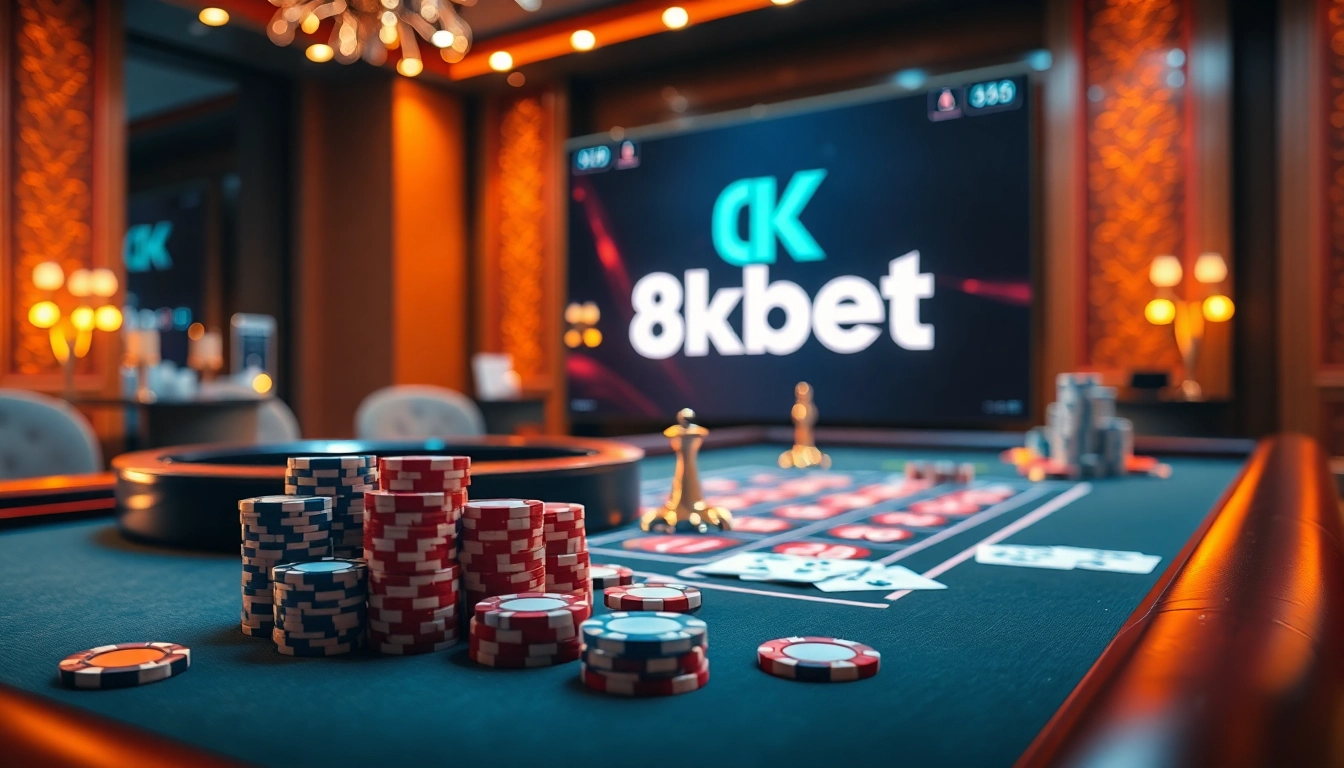 Experience high-stakes gaming with 8kbet at a luxurious casino table surrounded by poker chips and cards.