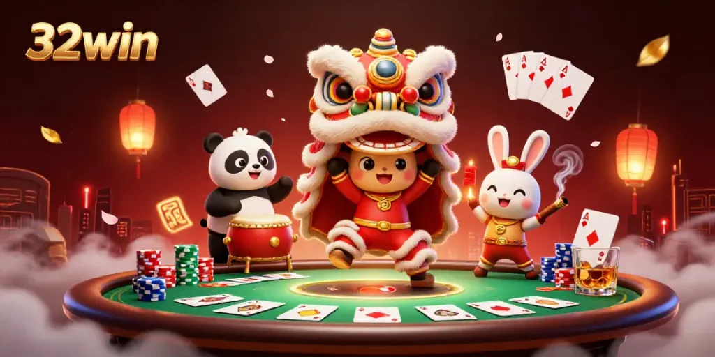 Experience dynamic gambling fun with 32win characters amidst vibrant casino action.