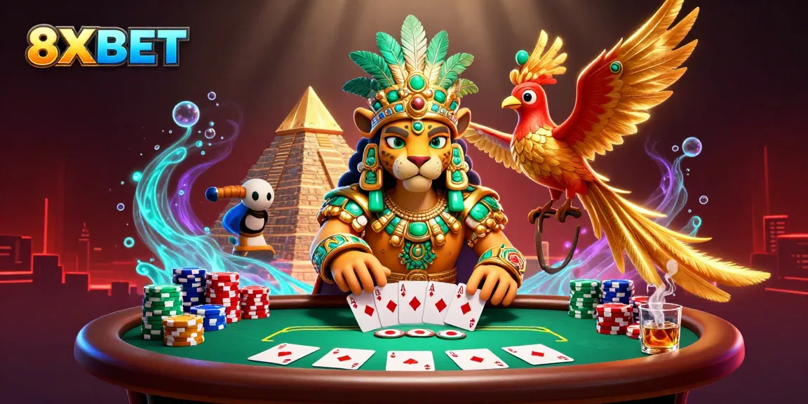 Experience thrilling casino action with 8XBET featuring a Mayan jaguar priest and poker excitement.