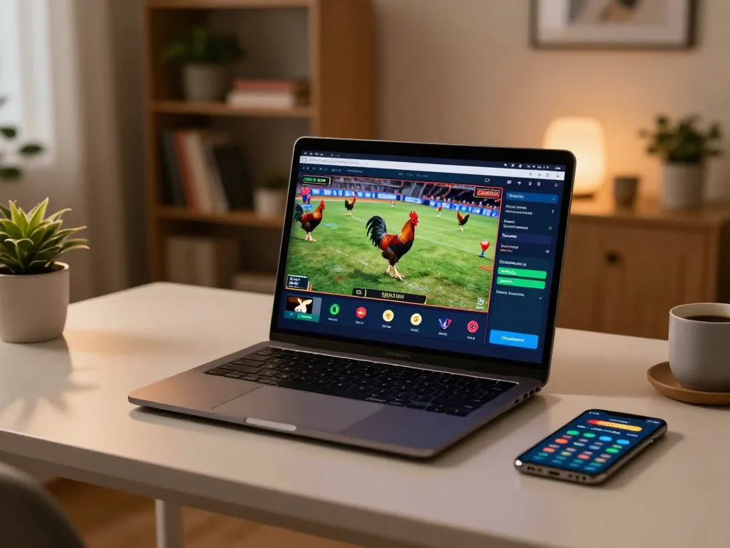 Watch thrilling đá gà trực tiếp live streaming on a cozy setup with laptops and phones.