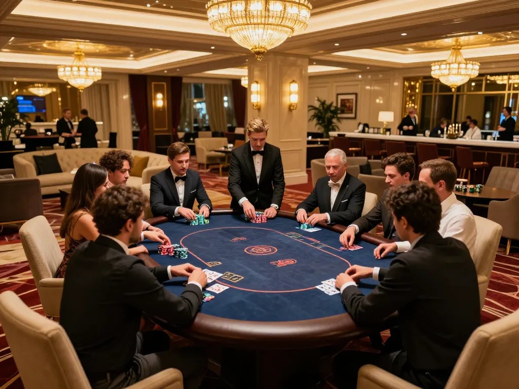 Players engaging in a poker game at vipwin79's exclusive VIP area, chips stacked, dealer active.