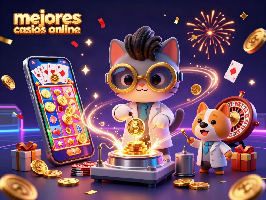 Descubre los mejores casinos online con esta emocionante y colorida ilustración de juegos.