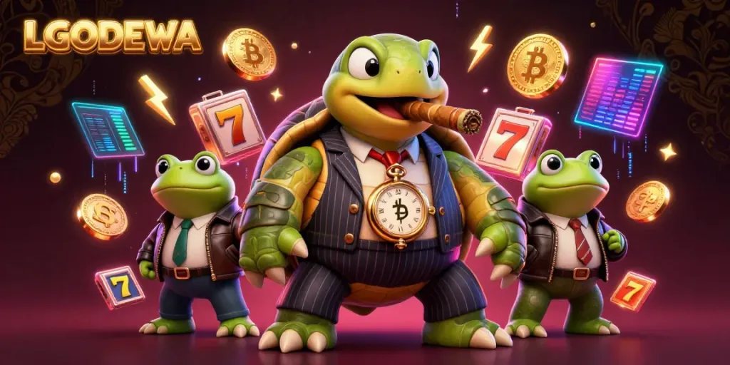 Engage with LGODEWA's vibrant casino ecosystem featuring a cartoon snapping turtle surrounded by gaming elements and neon lights.