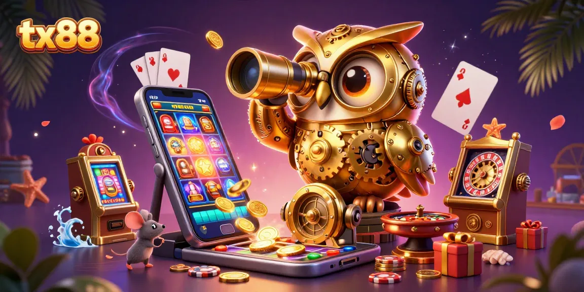 Experience gaming thrills with tx88, featuring a cartoon owl overseeing slot machines and casino action.