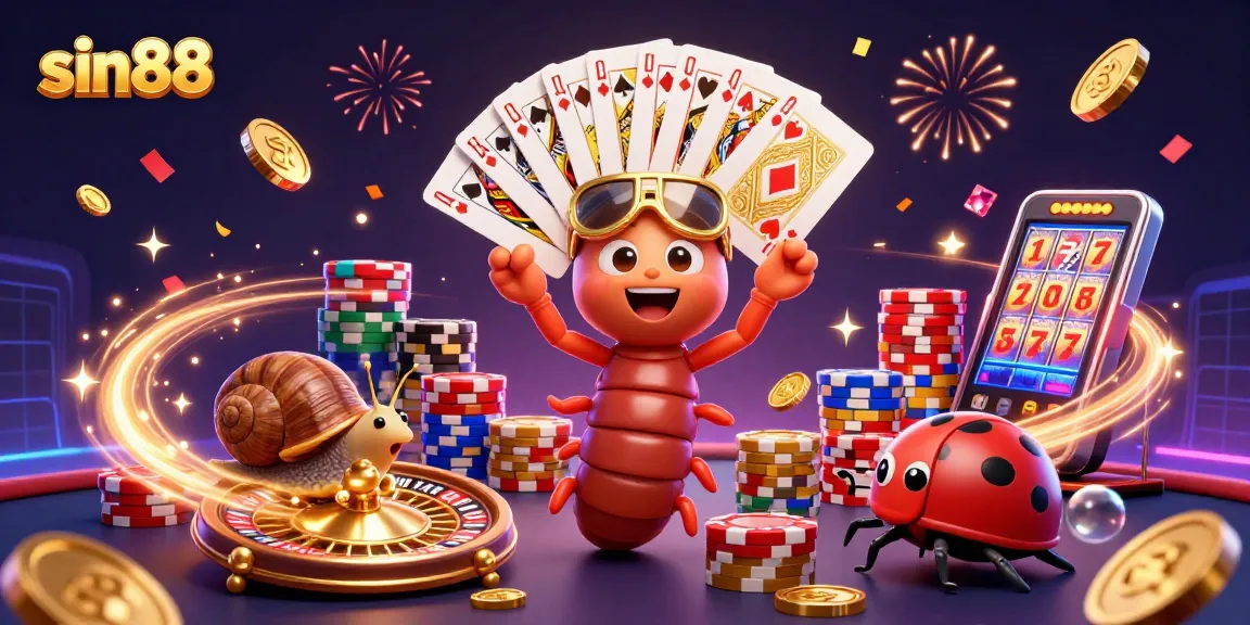Experience sin88 like never before with an animated casino scene featuring a colorful millipede dealer and vibrant game elements.