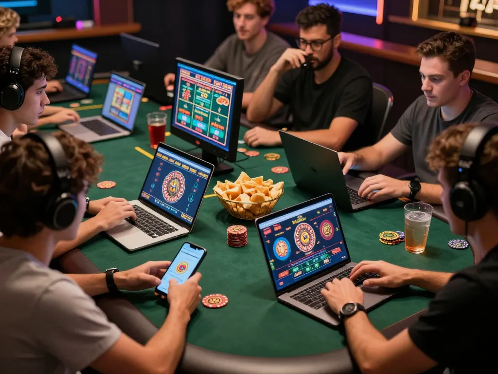KJC Global members enjoying an online casino gaming night with laptops and smartphones.