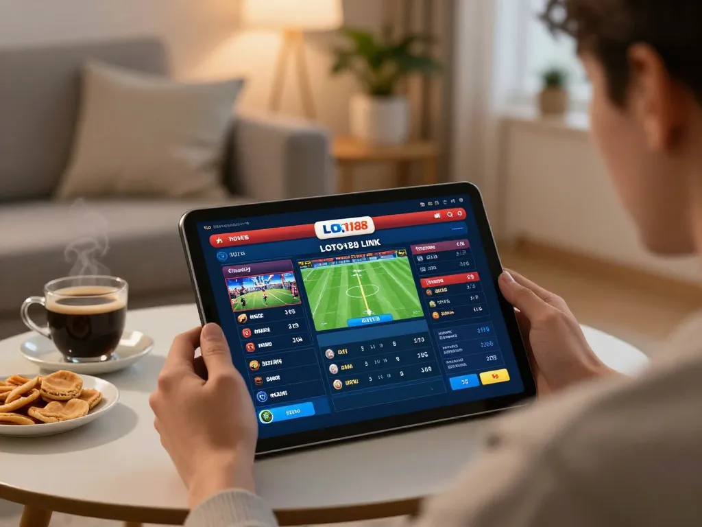 Engaging with LOTO188 LINK on a tablet during cozy online gambling session.