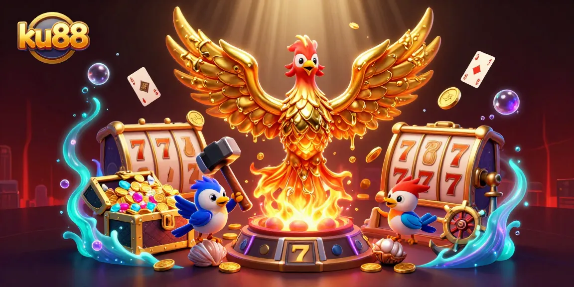 Experience exciting gameplay at ku88 with a golden phoenix and treasure-rich casino elements.