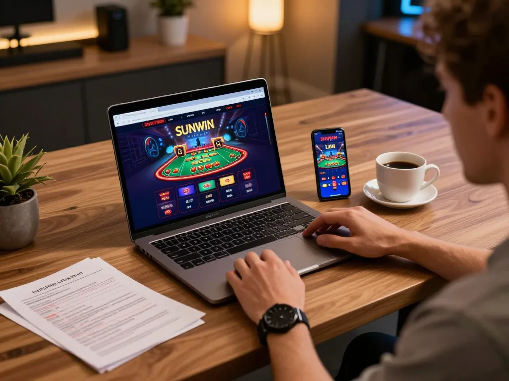 Engage with SUNWIN LINK while playing online casino games at home in a cozy setup.