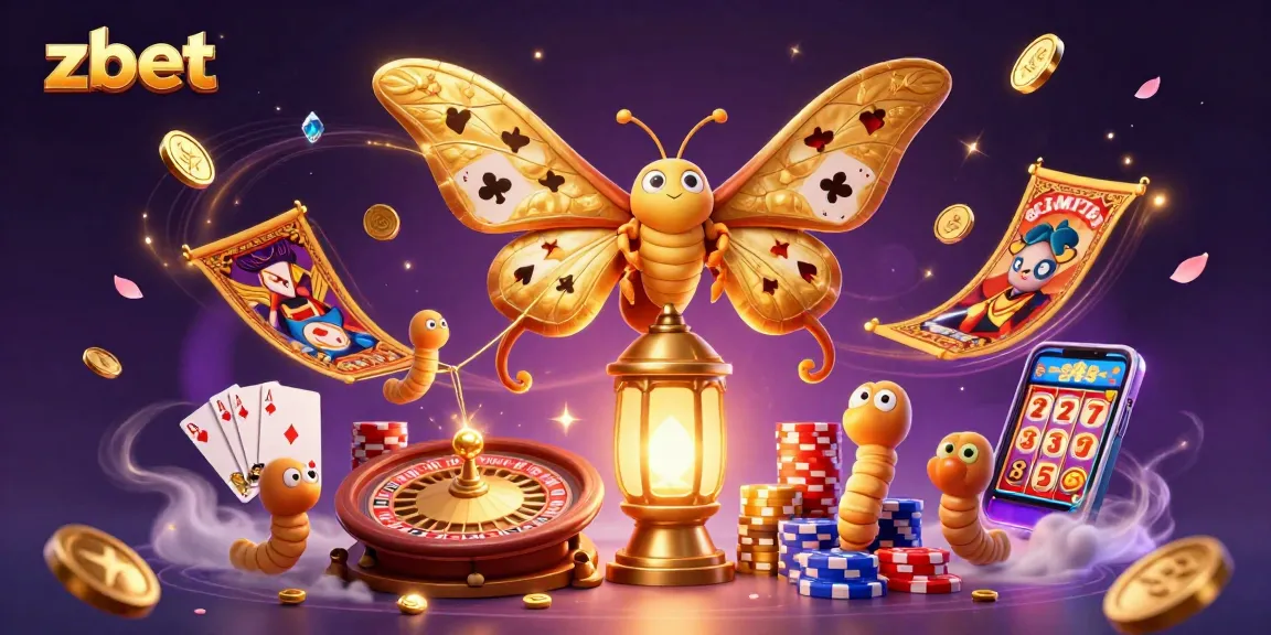 ZBET features a majestic atlas moth with golden wings and casino scenes, surrounded by coins and cards.