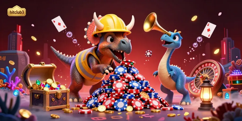 Hitclub3’s engaging 3D scene showcases a triceratops creating poker chips, celebrating the casino experience.