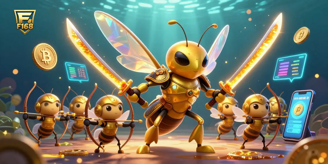 Engage in thrilling gameplay with F168 as giant hornet warriors lead bee archers through a vibrant casino landscape.