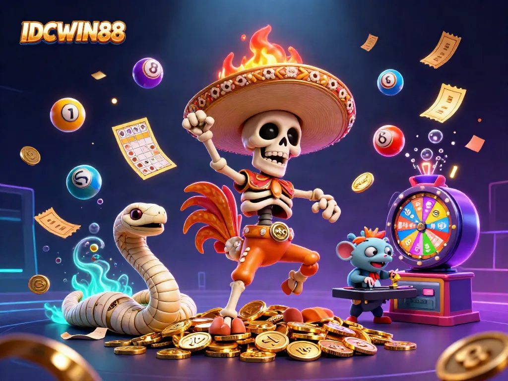 Experience excitement at IDCWIN88 with a dynamic 3D illustration showcasing vibrant characters and lively gaming elements.