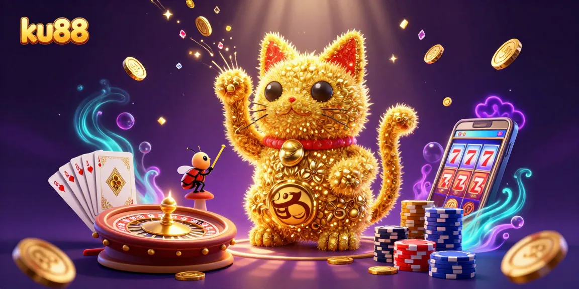 Engage with ku88 by experiencing thrilling casino adventures with golden fireflies and a lucky cat in a vibrant 3D scene.