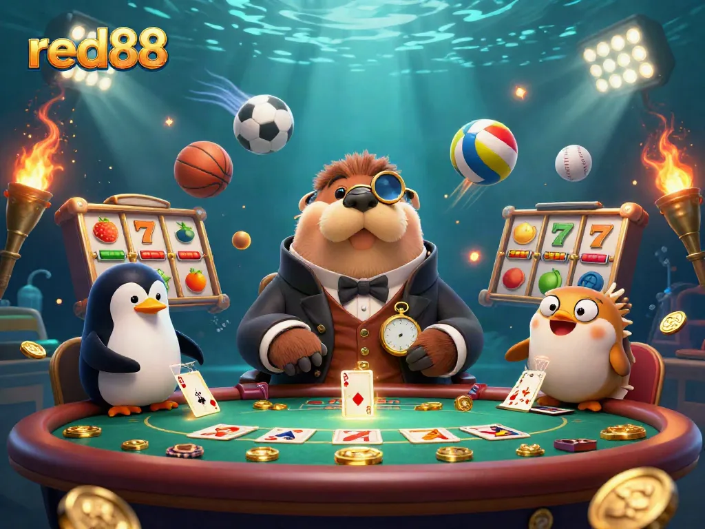 Experience thrilling games at red88 with a jolly walrus and friends at an underwater poker table.